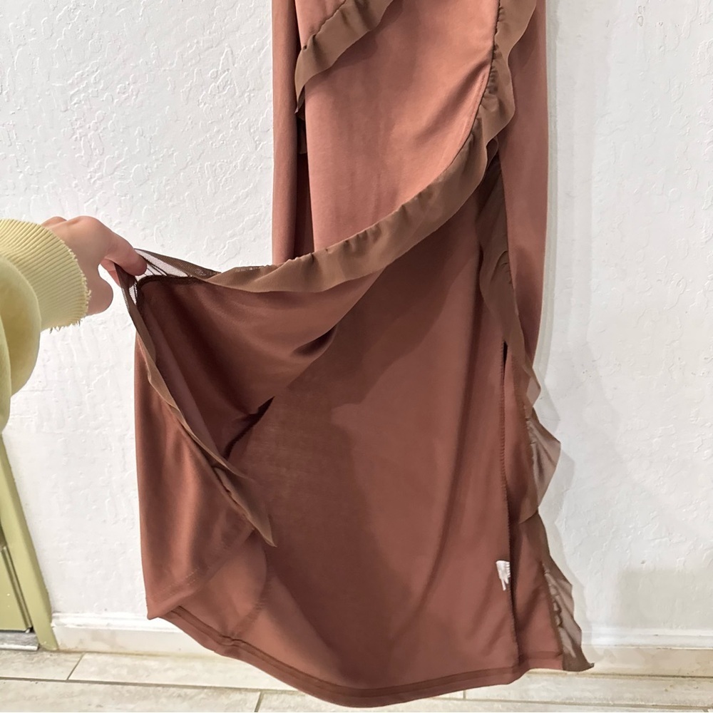 Chocolate Brown Ruffle Bodycon Tank Midi Side Slit Dress Small - Picture 4 of 5